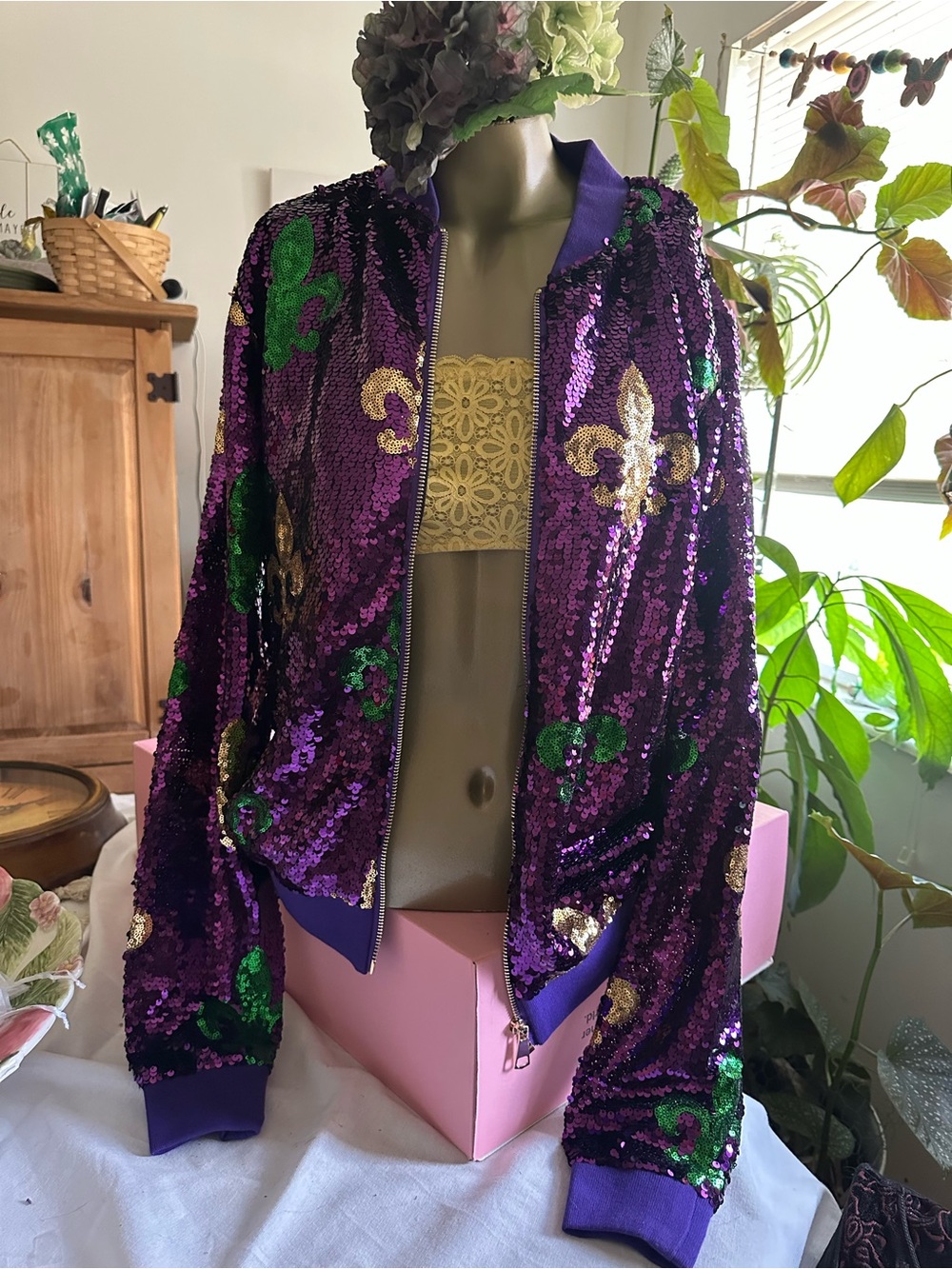Purple Sequin Bomber Jacket with Green & Gold Fleur Details